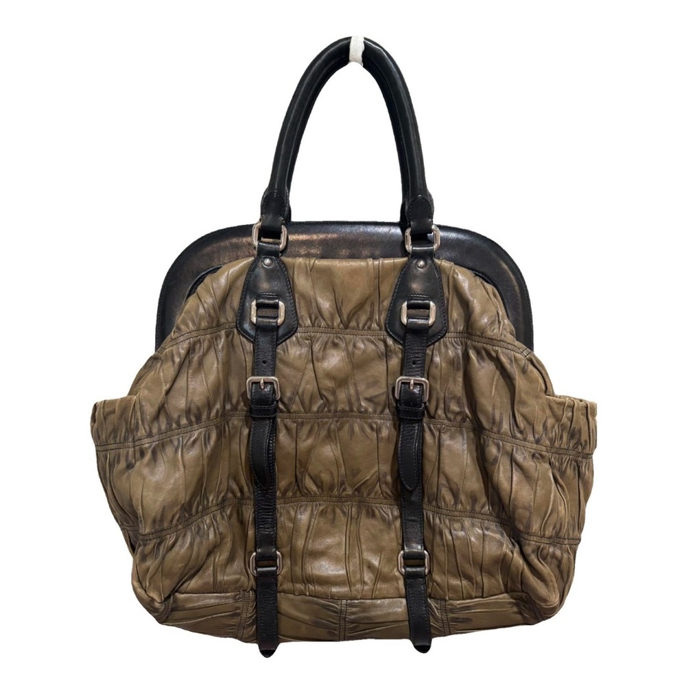 Vintage Prada Gaufre Gathered Leather Tote Brown/Olive